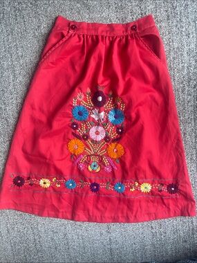 Vintage 1970s Gary McFadden Mexican Embroidered A-Line Midi Skirt Red XXS/XS
